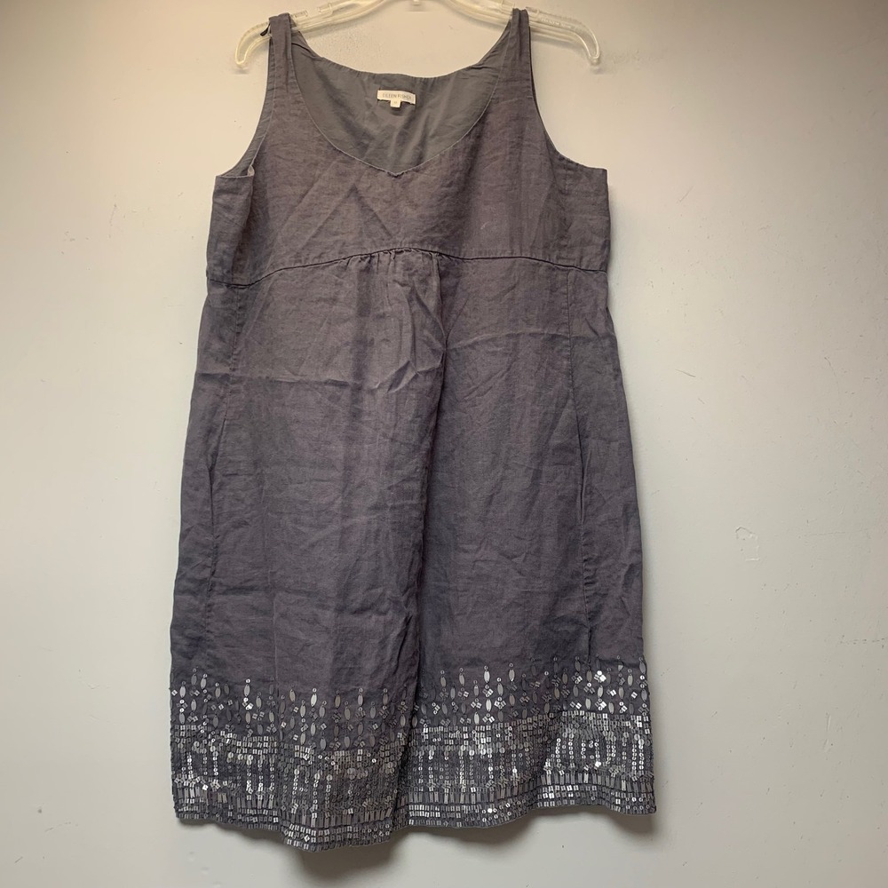 Eileen Fisher Shift Dress Women 12 Gray Excellent Sequin Hem Organic Linen Tank